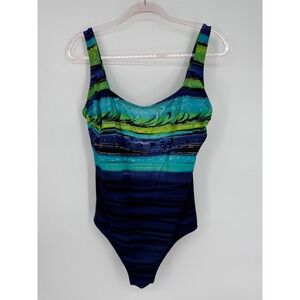 Longitude Womens Sz 16 One Piece Swimsuit Blue Green Abstract Striped Tankini